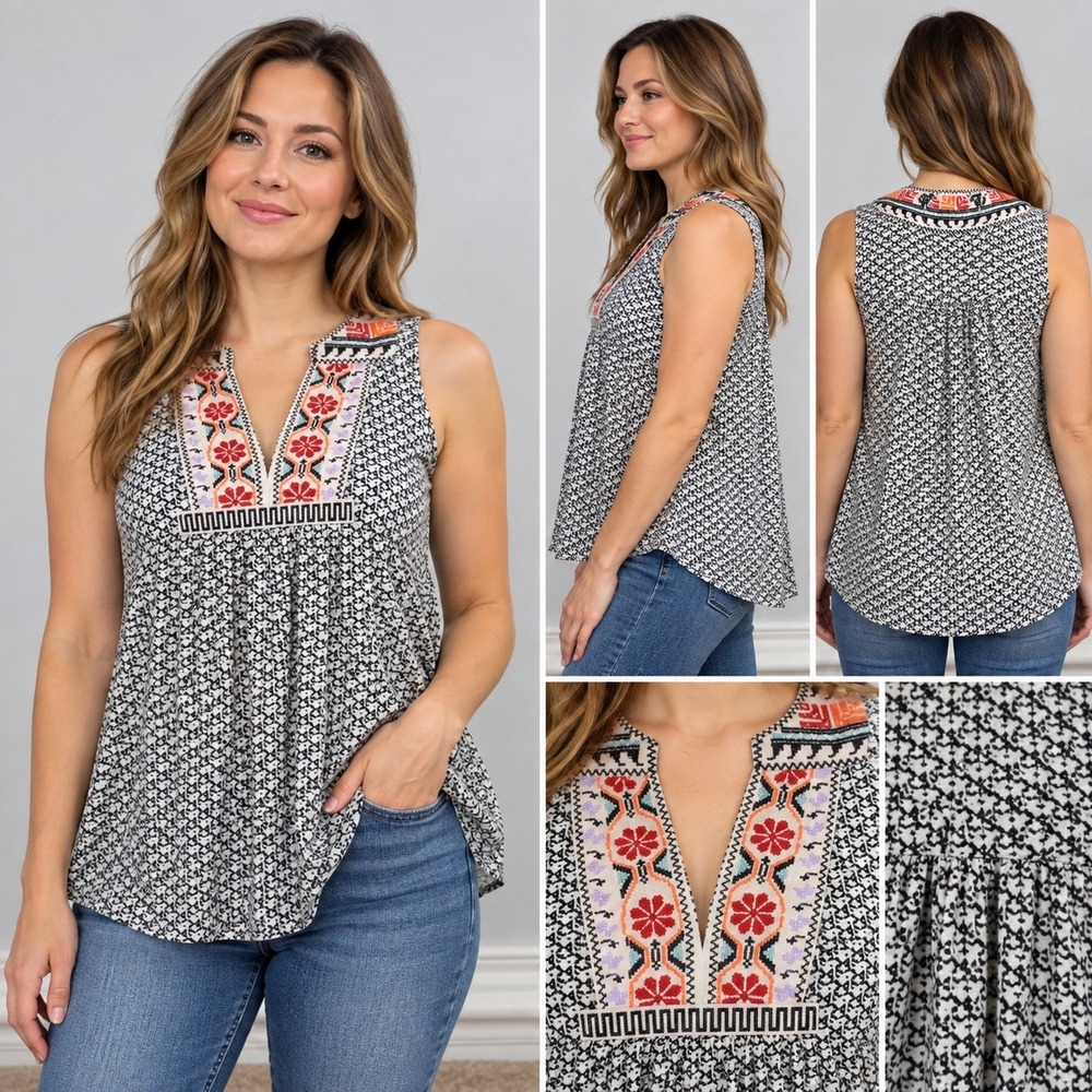 THML Top Sleeveless Embroidered Geometric Floral Boho Size S